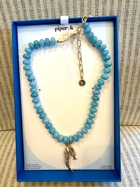 piper•k Sky Blue Beaded Necklace with Gold Chain and Fish Charms